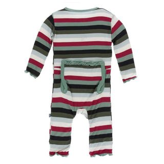 Print Bamboo Muffin Ruffle Coverall with Snaps - Christmas Multi Stripe KicKee Pants