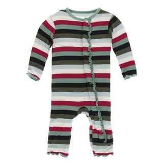 Print Bamboo Muffin Ruffle Coverall with Snaps - Christmas Multi Stripe KicKee Pants