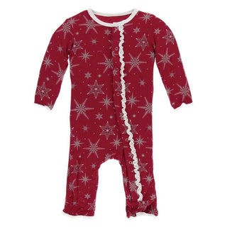 Print Bamboo Muffin Ruffle Coverall with Snaps - Crimson Snowflakes KicKee Pants