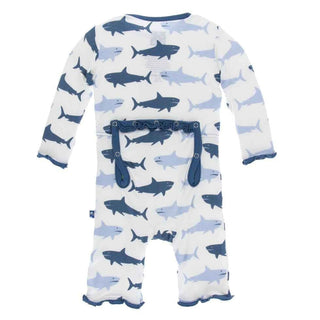 Print Bamboo Muffin Ruffle Coverall with Snaps - Natural Megalodon Baby & Toddler Sleepwear