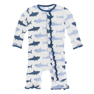 Print Bamboo Muffin Ruffle Coverall with Snaps - Natural Megalodon Baby & Toddler Sleepwear