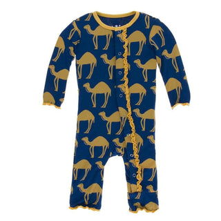 Print Bamboo Muffin Ruffle Coverall with Snaps - Navy Camel Baby & Toddler Sleepwear