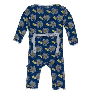 Print Bamboo Muffin Ruffle Coverall with Snaps - Navy Cornflower and Bee Baby & Toddler Sleepwear