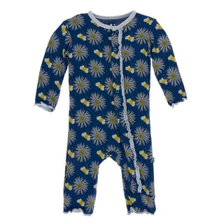 Print Bamboo Muffin Ruffle Coverall with Snaps - Navy Cornflower and Bee Baby & Toddler Sleepwear