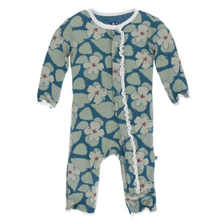 KicKee Pants Print Muffin Ruffle Coverall with Snaps - Oasis Hibiscus