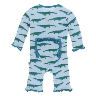 Print Bamboo Muffin Ruffle Coverall with Snaps - Pond Crocodile KicKee Pants