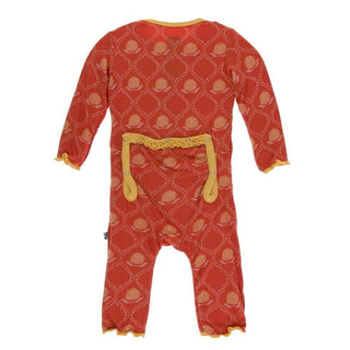 Print Bamboo Muffin Ruffle Coverall with Snaps - Poppy Marigold Lattice KicKee Pants