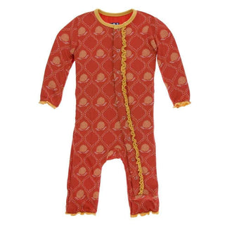 Print Bamboo Muffin Ruffle Coverall with Snaps - Poppy Marigold Lattice KicKee Pants