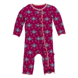 Print Bamboo Muffin Ruffle Coverall with Snaps - Rhododendron Pinata KicKee Pants