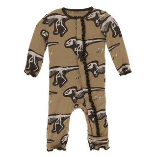 Print Bamboo Muffin Ruffle Coverall with Snaps - Tannin T-Rex Dig Baby & Toddler Sleepwear