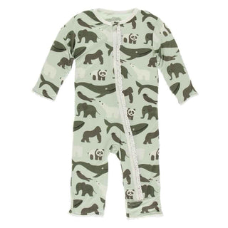 Print Bamboo Muffin Ruffle Coverall with Zipper - Aloe Endangered Animals KicKee Pants