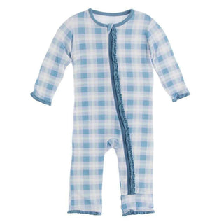 Print Bamboo Muffin Ruffle Coverall with Zipper - Blue Moon 2020 Holiday Plaid KicKee Pants