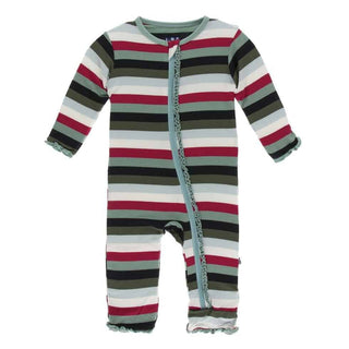 Print Bamboo Muffin Ruffle Coverall with Zipper - Christmas Multi Stripe KicKee Pants