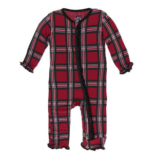 Print Bamboo Muffin Ruffle Coverall with Zipper - Christmas Plaid 2019 KicKee Pants