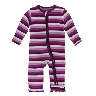 Print Bamboo Muffin Ruffle Coverall with Zipper - Coral Stripe KicKee Pants