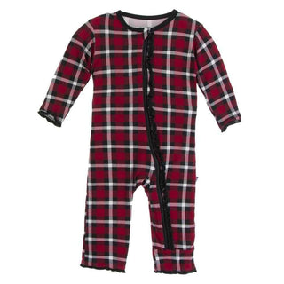 Print Bamboo Muffin Ruffle Coverall with Zipper - Crimson 2020 Holiday Plaid KicKee Pants