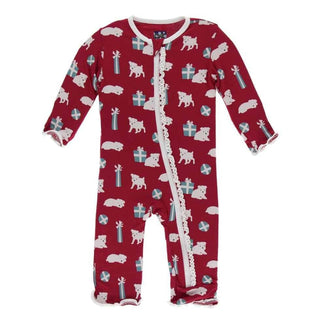 Print Bamboo Muffin Ruffle Coverall with Zipper - Crimson Puppies and Presents KicKee Pants