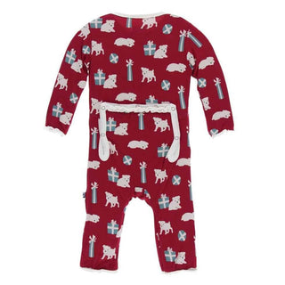 Print Bamboo Muffin Ruffle Coverall with Zipper - Crimson Puppies and Presents KicKee Pants