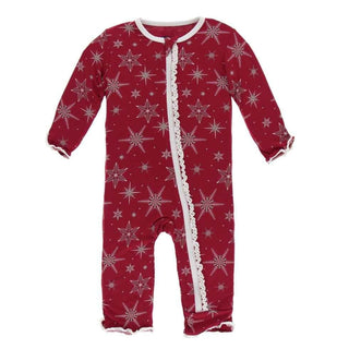 Print Bamboo Muffin Ruffle Coverall with Zipper - Crimson Snowflakes KicKee Pants