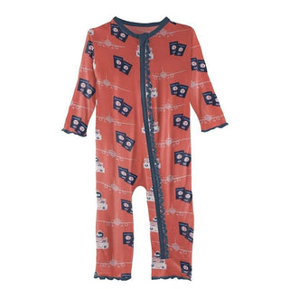 Print Bamboo Muffin Ruffle Coverall with Zipper - English Rose Travel Guide KicKee Pants