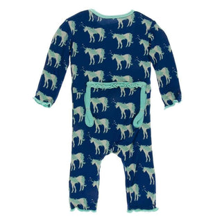 Print Bamboo Muffin Ruffle Coverall with Zipper - Flag Blue Unicorns KicKee Pants