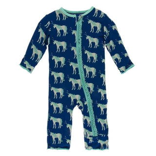 Print Bamboo Muffin Ruffle Coverall with Zipper - Flag Blue Unicorns KicKee Pants