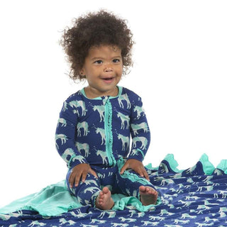 Print Bamboo Muffin Ruffle Coverall with Zipper - Flag Blue Unicorns KicKee Pants