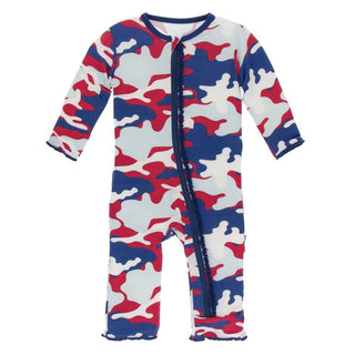 KicKee Pants Print Muffin Ruffle Coverall with Zipper - Flag Red Military