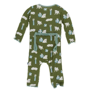 Print Bamboo Muffin Ruffle Coverall with Zipper - Moss Puppies and Presents KicKee Pants