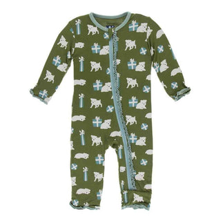 Print Bamboo Muffin Ruffle Coverall with Zipper - Moss Puppies and Presents KicKee Pants