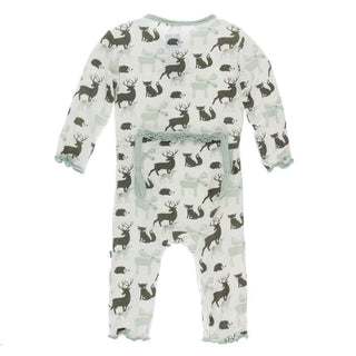 Print Bamboo Muffin Ruffle Coverall with Zipper - Natural Forest Animals KicKee Pants