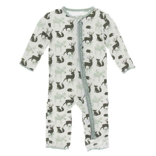 Print Bamboo Muffin Ruffle Coverall with Zipper - Natural Forest Animals KicKee Pants