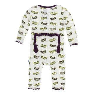 Print Bamboo Muffin Ruffle Coverall with Zipper - Natural Olive Branch KicKee Pants