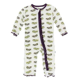 Print Bamboo Muffin Ruffle Coverall with Zipper - Natural Olive Branch KicKee Pants