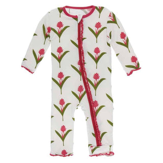 Print Bamboo Muffin Ruffle Coverall with Zipper - Natural Red Ginger Flowers KicKee Pants