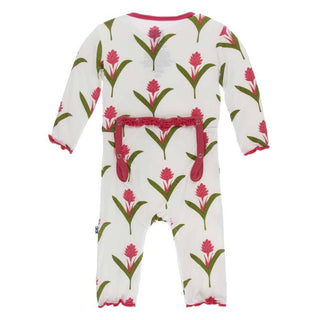 Print Bamboo Muffin Ruffle Coverall with Zipper - Natural Red Ginger Flowers KicKee Pants