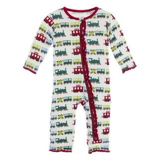 Print Bamboo Muffin Ruffle Coverall with Zipper - Natural Toy Train KicKee Pants