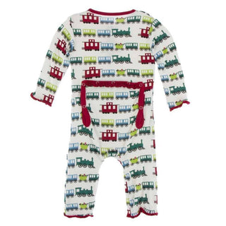 Print Bamboo Muffin Ruffle Coverall with Zipper - Natural Toy Train KicKee Pants