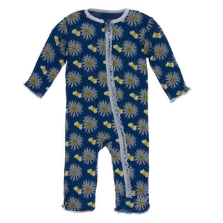 Print Bamboo Muffin Ruffle Coverall with Zipper - Navy Cornflower and Bee Baby & Toddler Sleepwear