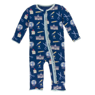 KicKee Pants Print Muffin Ruffle Coverall with Zipper - Navy Education