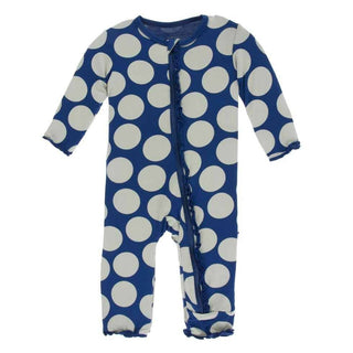 Print Bamboo Muffin Ruffle Coverall with Zipper - Navy Mod Dot KicKee Pants