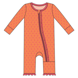 Print Bamboo Muffin Ruffle Coverall with Zipper - Nectarine Leaf Lattice KicKee Pants