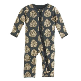 Print Bamboo Muffin Ruffle Coverall with Zipper - Pewter Pinecones KicKee Pants