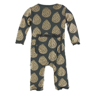 Print Bamboo Muffin Ruffle Coverall with Zipper - Pewter Pinecones KicKee Pants