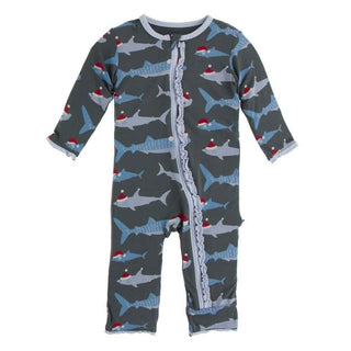 KicKee Pants Print Muffin Ruffle Coverall with Zipper - Pewter Santa Sharks