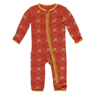 KicKee Pants Print Muffin Ruffle Coverall with Zipper - Poppy Marigold Lattice