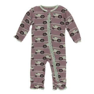 Print Bamboo Muffin Ruffle Coverall with Zipper - Raisin Tractor and Grass KicKee Pants