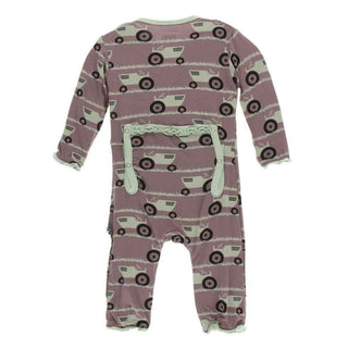 Print Bamboo Muffin Ruffle Coverall with Zipper - Raisin Tractor and Grass KicKee Pants