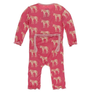 Print Bamboo Muffin Ruffle Coverall with Zipper - Red Ginger Unicorns KicKee Pants