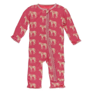 Print Bamboo Muffin Ruffle Coverall with Zipper - Red Ginger Unicorns KicKee Pants